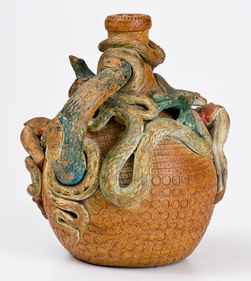 Rare and Fine Anna Pottery Stoneware Temperance Jug w/ Snake, Frog, and Human Figures