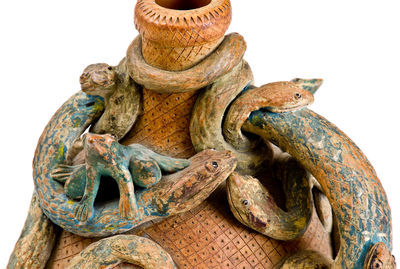 Rare and Fine Anna Pottery Stoneware Temperance Jug w/ Snake, Frog, and Human Figures