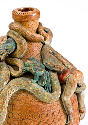 Rare and Fine Anna Pottery Stoneware Temperance Jug w/ Snake, Frog, and Human Figures