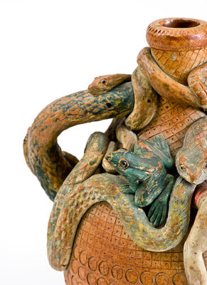 Rare and Fine Anna Pottery Stoneware Temperance Jug w/ Snake, Frog, and Human Figures