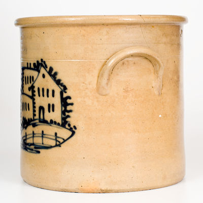 Scarce J. & E. NORTON / BENNINGTON, VT Stoneware Crock w/ Elaborate House Decoration