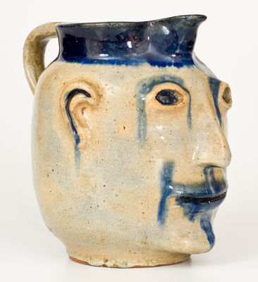 Extremely Rare and Important Cobalt-Decorated Stoneware Face Pitcher, Hilton Pottery, Marion, NC, c1935