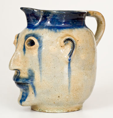 Extremely Rare and Important Cobalt-Decorated Stoneware Face Pitcher, Hilton Pottery, Marion, NC, c1935