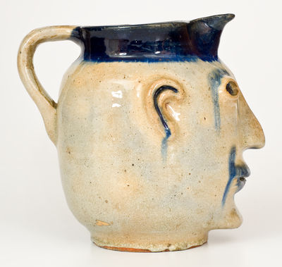 Extremely Rare and Important Cobalt-Decorated Stoneware Face Pitcher, Hilton Pottery, Marion, NC, c1935