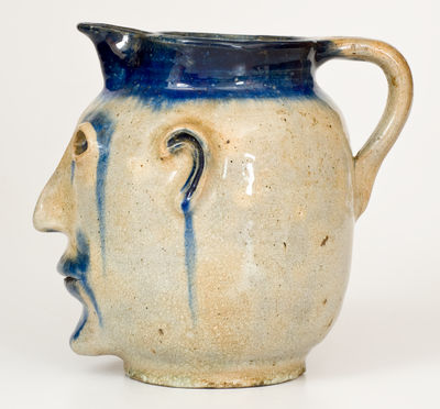 Extremely Rare and Important Cobalt-Decorated Stoneware Face Pitcher, Hilton Pottery, Marion, NC, c1935