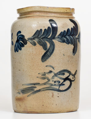 Very Rare Remmey Family (Philadelphia) Stoneware Jar with Cobalt Bird Decoration