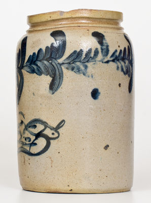 Very Rare Remmey Family (Philadelphia) Stoneware Jar with Cobalt Bird Decoration