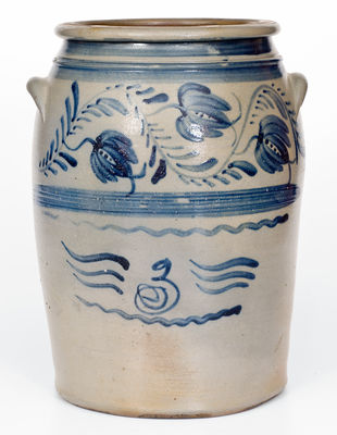 Fine Three-Gallon Western PA Stoneware Jar with Freehand Cobalt Decoration