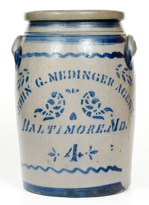 Four-Gallon JOHN G. MEDINGER AGENT / BALTIMORE, MD Cobalt-Decorated Stoneware Jar