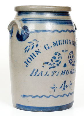 Four-Gallon JOHN G. MEDINGER AGENT / BALTIMORE, MD Cobalt-Decorated Stoneware Jar