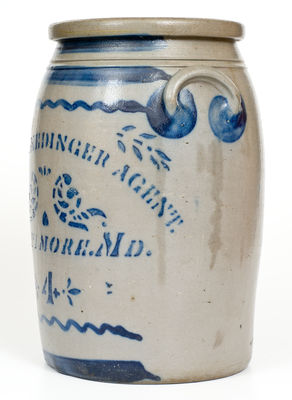 Four-Gallon JOHN G. MEDINGER AGENT / BALTIMORE, MD Cobalt-Decorated Stoneware Jar