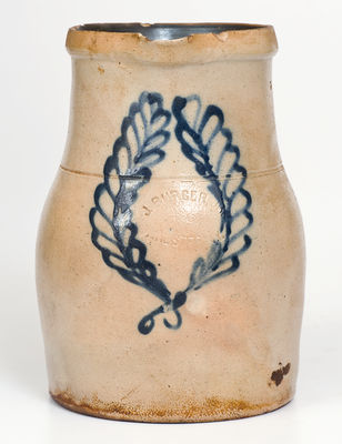 J. BURGER, JR. / ROCHESTER, N.Y. Stoneware Pitcher w/ Cobalt Wreath Decoration