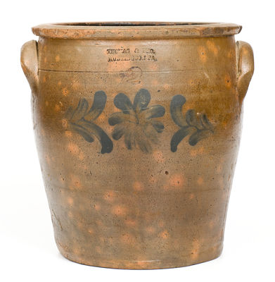 THOMAS & BRO / HUNTINGDON PA Stoneware Jar w/ Cobalt Floral Decoration