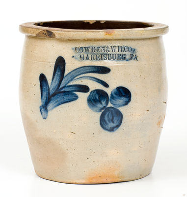 COWDEN & WILCOX / HARRISBURG, PA Stoneware Jar w/ Cobalt Cherries Decoration