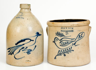 Two Pieces of Northeastern U.S. Stoneware with Cobalt Bird Decorations