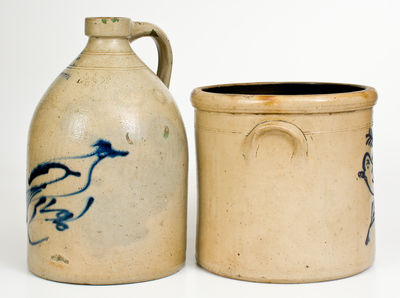 Two Pieces of Northeastern U.S. Stoneware with Cobalt Bird Decorations