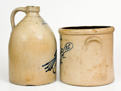 Two Pieces of Northeastern U.S. Stoneware with Cobalt Bird Decorations