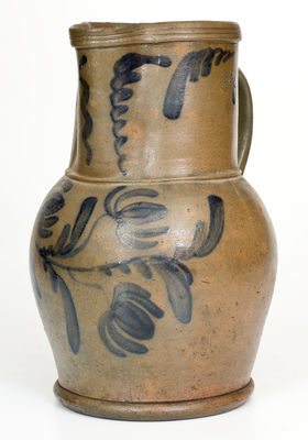 Fine attrib. E.B. Hissong, Cassville, PA Stoneware Pitcher w/ Elaborate Cobalt Floral Decoration