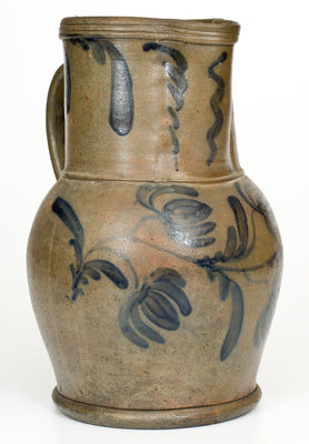Fine attrib. E.B. Hissong, Cassville, PA Stoneware Pitcher w/ Elaborate Cobalt Floral Decoration