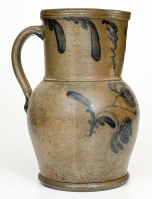 Fine attrib. E.B. Hissong, Cassville, PA Stoneware Pitcher w/ Elaborate Cobalt Floral Decoration