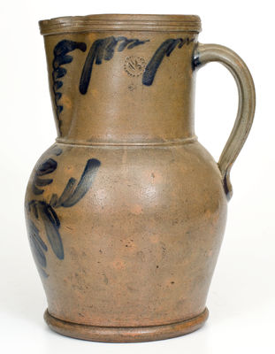 Fine attrib. E.B. Hissong, Cassville, PA Stoneware Pitcher w/ Elaborate Cobalt Floral Decoration