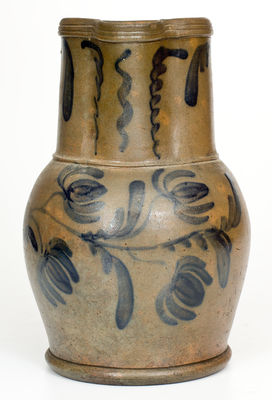 Fine attrib. E.B. Hissong, Cassville, PA Stoneware Pitcher w/ Elaborate Cobalt Floral Decoration