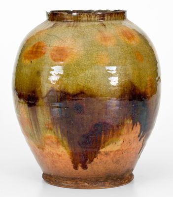 Fine Green-Glazed Bristol County, MA Redware Jar w/ Manganese Decoration, late 18th or early 19th century