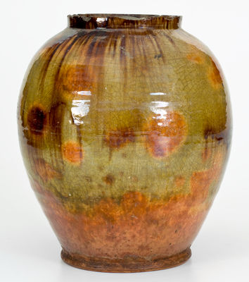 Fine Green-Glazed Bristol County, MA Redware Jar w/ Manganese Decoration, late 18th or early 19th century