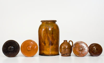 Six Glazed Redware Articles, New England origin, 19th century