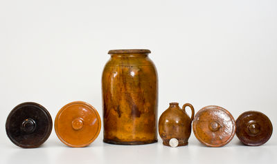 Six Glazed Redware Articles, New England origin, 19th century