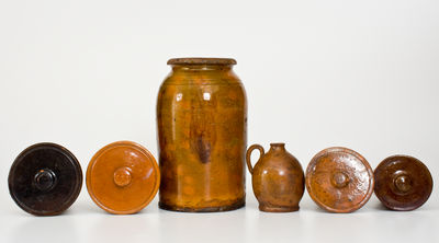 Six Glazed Redware Articles, New England origin, 19th century