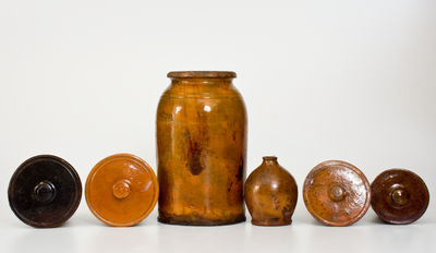 Six Glazed Redware Articles, New England origin, 19th century