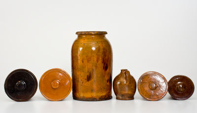 Six Glazed Redware Articles, New England origin, 19th century