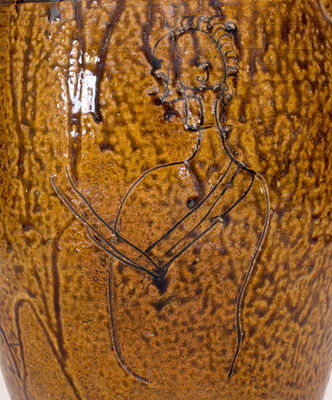 Exceedingly Rare Alkaline-Glazed Jar w/ Incised Native American Figure, possibly J. S. Nash / Milligan Frazier, Marion County, Texas