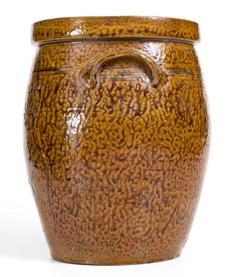 Exceedingly Rare Alkaline-Glazed Jar w/ Incised Native American Figure, possibly J. S. Nash / Milligan Frazier, Marion County, Texas