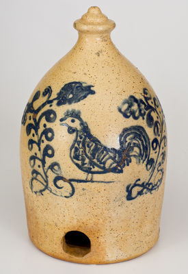 Extremely Rare Stoneware Chicken Waterer w/ Cobalt Rooster Decoration, probably Midwestern