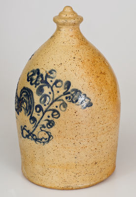 Extremely Rare Stoneware Chicken Waterer w/ Cobalt Rooster Decoration, probably Midwestern