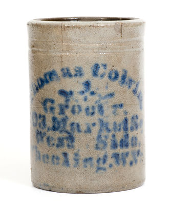 Cobalt-Decorated Stoneware Canning Jar w/ Wheeling, West Virginia Advertising