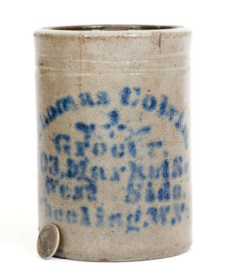 Cobalt-Decorated Stoneware Canning Jar w/ Wheeling, West Virginia Advertising