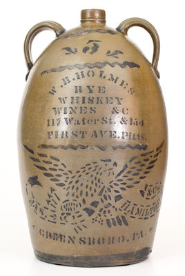James Hamilton (Greensboro, PA) Five-Gallon Double-Handled Eagle Jug for W.H. HOLMES / RYE / WHISKEY / WINES & C / 117 Water ST. & 154 / FIRST AVE. Pitts.