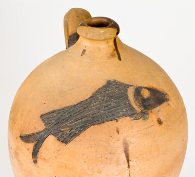 Outstanding Stoneware Jug w/ Elaborate Incised Fish Decoration, c1820-30