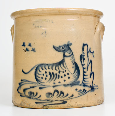 Exceptional HAXSTUN, OTTMAN & CO. / FORT EDWARD, NY Stoneware Crock w/ Elaborate Dog Design