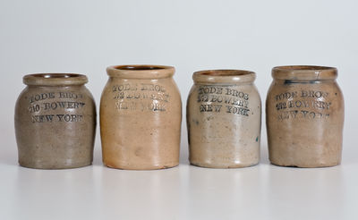 Four Small-Sized TODE BROS / 210 BOWERY / NEW YORK Stoneware Condiment Jars