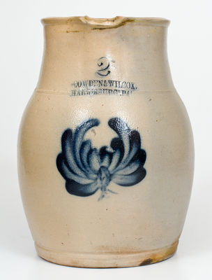 2 Gal. COWDEN & WILCOX / HARRISBURG, PA Stoneware Pitcher w/ Floral Decoration