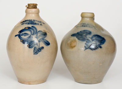 Two P. MUGLER & CO. / BUFFALO, N.Y. Stoneware Jugs w/ Cobalt Floral Decoration, c1848-1852