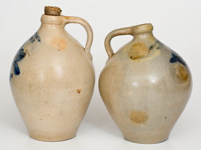 Two P. MUGLER & CO. / BUFFALO, N.Y. Stoneware Jugs w/ Cobalt Floral Decoration, c1848-1852