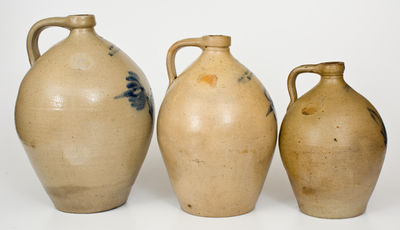 Three J. HEISER / BUFFALO, N Y Stoneware Jugs w/ Cobalt Floral Decoration