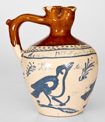 Extremely Rare Fulper (Flemington, NJ) Stoneware Puzzle Jug with Bird Decoration, 1917