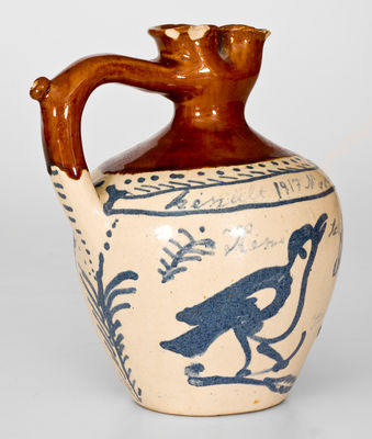 Extremely Rare Fulper (Flemington, NJ) Stoneware Puzzle Jug with Bird Decoration, 1917