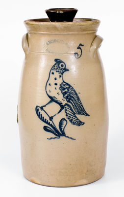 Scarce J. BURGER JR. / ROCHESTER, N.Y. Five-Gallon Stoneware Churn w/ Quail Decoration